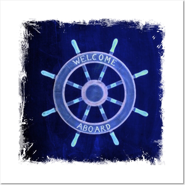 Preppy rustic beach  navy blue Captain Ship Wheel nautical Wall Art by Tina